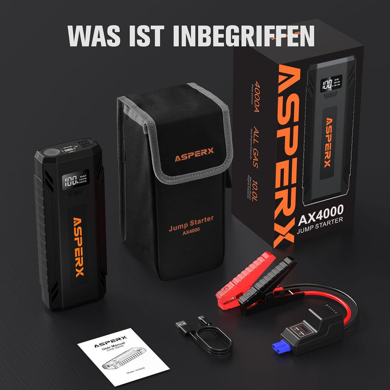 ASPERX Starthilfe Powerbank 4000A, Tragbare Auto Starthilfe für 12V-Fahrzeuge (bis zu Alle Benzin od