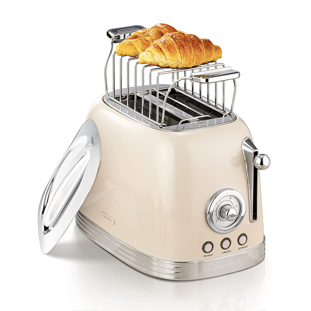 Wiltal Toaster 2 Scheiben, Retro, mit Brötchenaufsatz, mit Deckel aus Edelstahl, Vorheiz-, Auftau- u