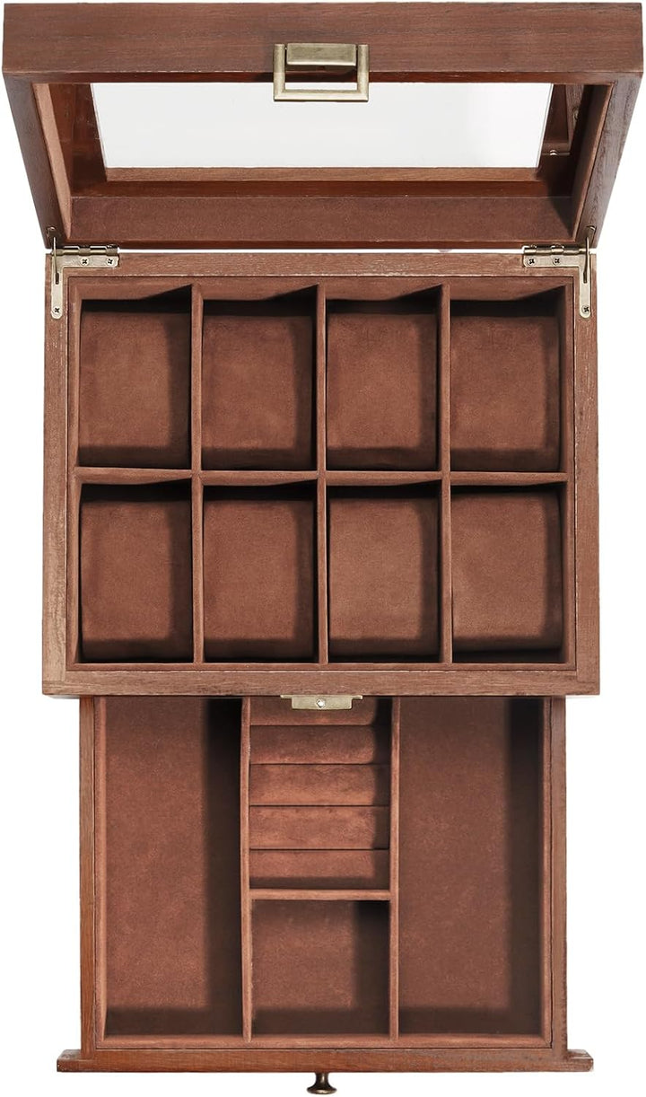 ProCase Uhrenbox mit 8 Fächern, Uhrenkasten Uhrenkoffer mit Glasdeckel Uhrenkissen, Uhrenschatulle f