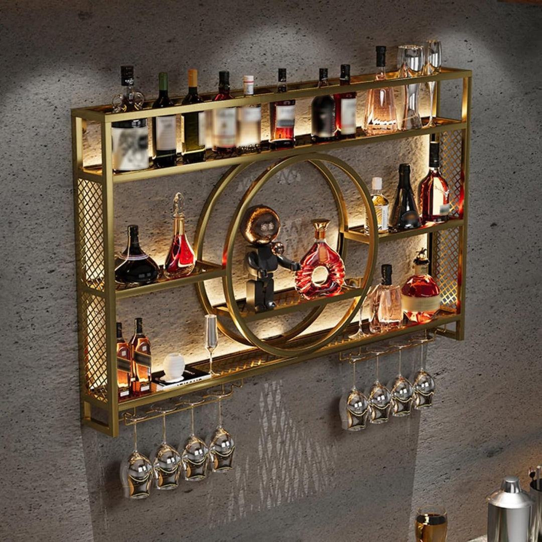 Wohnzimmer Bar，barschrank Vintage Retro Bar Regal Wand Gold Beleuchtung Hängend Flaschenregal Wandmo