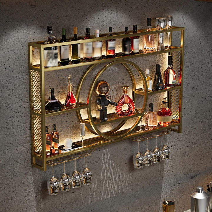 Wohnzimmer Bar，barschrank Vintage Retro Bar Regal Wand Gold Beleuchtung Hängend Flaschenregal Wandmo