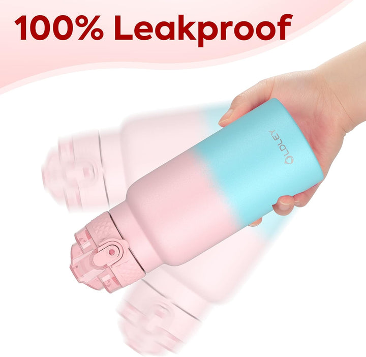 OLDLEY 500ml Kinder Edelstahl Wasserflasche mit Stroh für Schule mit 2 verschiedenen Deckeln, Metall