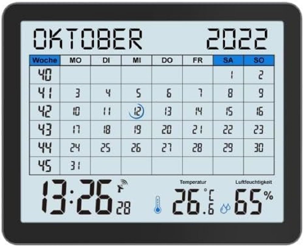 WT2600 Tischkalender, Temperaturanzeige, Luftfeuchteanzeige, Min/Max Anzeige, 17 x 14 cm, schwarz