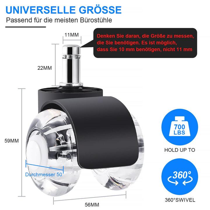 WOLAFOO Bürostuhl Rollen, Rollen für Bürostühle 11mm x 22mm, 360 Grad Drehbar Kratzfeste Hartbodenro