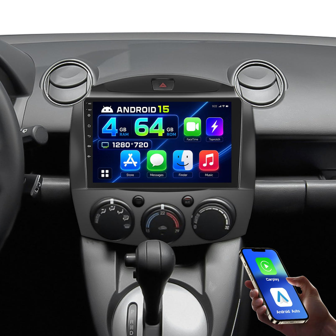 Hikity 4+64G 9" Android Autoradio für Mazda 2 2007-2014 Wireless CarPlay | IPS Touchscreen GPS Navi