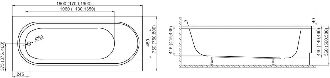 KOLMAN Badewanne MEDIUM Rechteck 190x80 ohne Verkleidung, Ablaufgarnitur und Füssen Komplettset 3in1