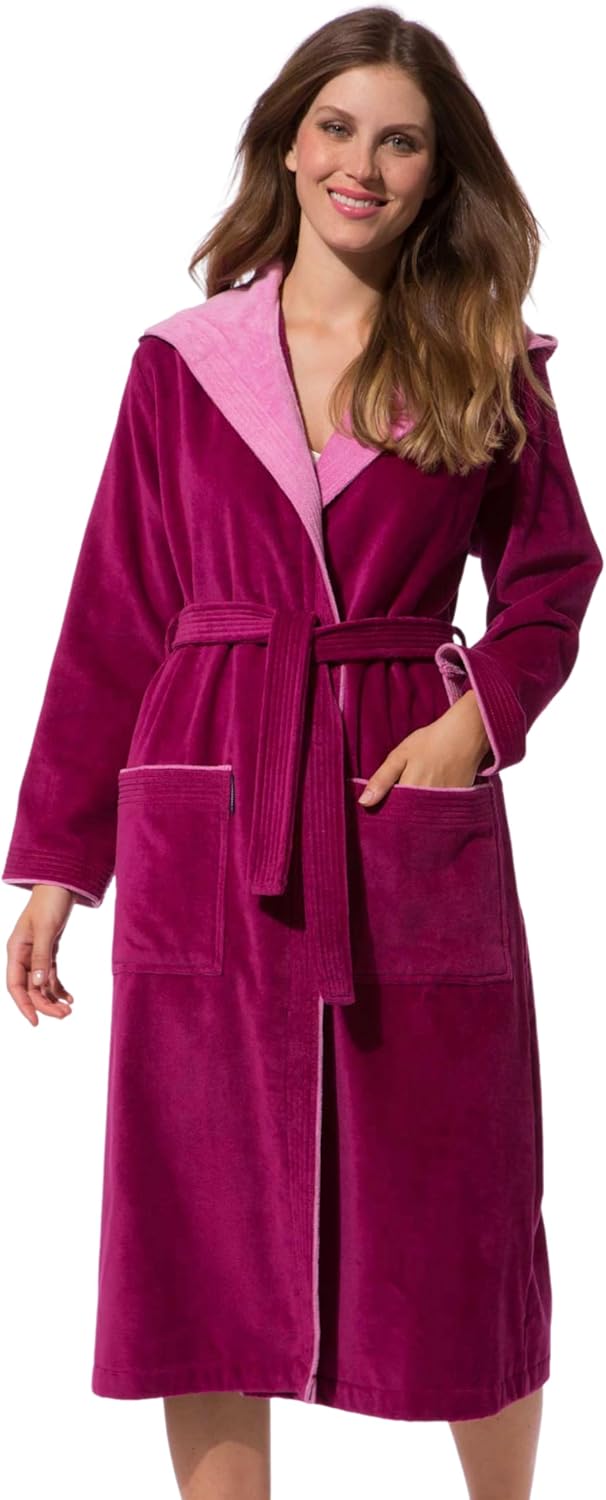 Morgenstern Bademantel Damen 100% Baumwolle mit Kapuze Frottee-Velours OEKO-TEX Leonie XS Fuchsia, X