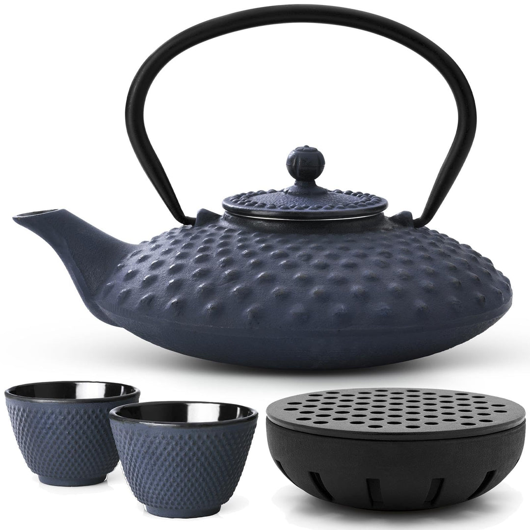 Teekanne asiatisch Gusseisen Set blau 0.8 Liter Teekessel mit Henkel & Edelstahl Tee-Filter-Sieb-Ein