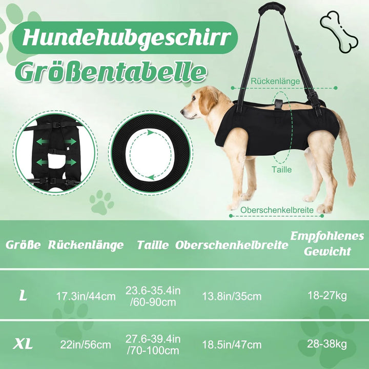 Hunde-Hebegeschirr, Tragehilfe für Hunde, Stützgeschirr mit verstellbaren Griffen und atmungsaktivem