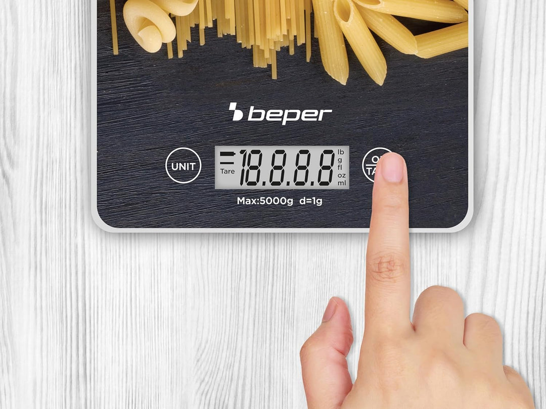 BEPER P102BIL003 Digitale Waage, Platte aus gehärtetem Glas, Küchenwaage mit LCD-Display und Touch-T