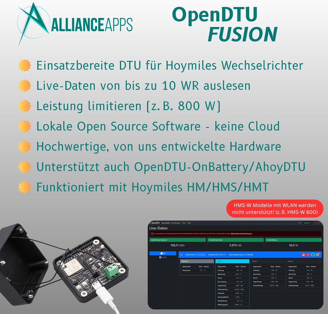 AllianceApps OpenDTU Fusion kompatibel mit Hoymiles Wechselrichtern für HM/HMS/HMT Serie - Balkonkra