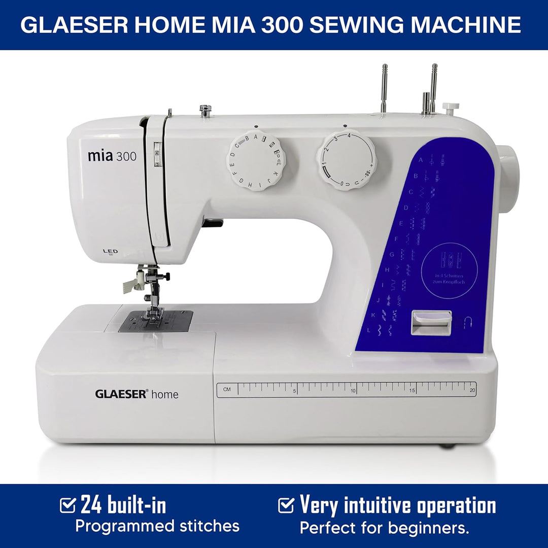 Nähmaschine easy GLAESER® home mia 300 | Anfänger Nähmaschine | Automatischer Einfädler | 24 Stich -