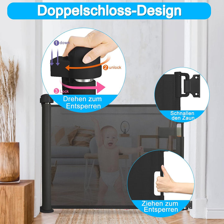 XMTECH Türschutzgitter Ausziehbar Treppenschutzgitter 0-150cm Schwarz Einziehbares Treppenschutzroll