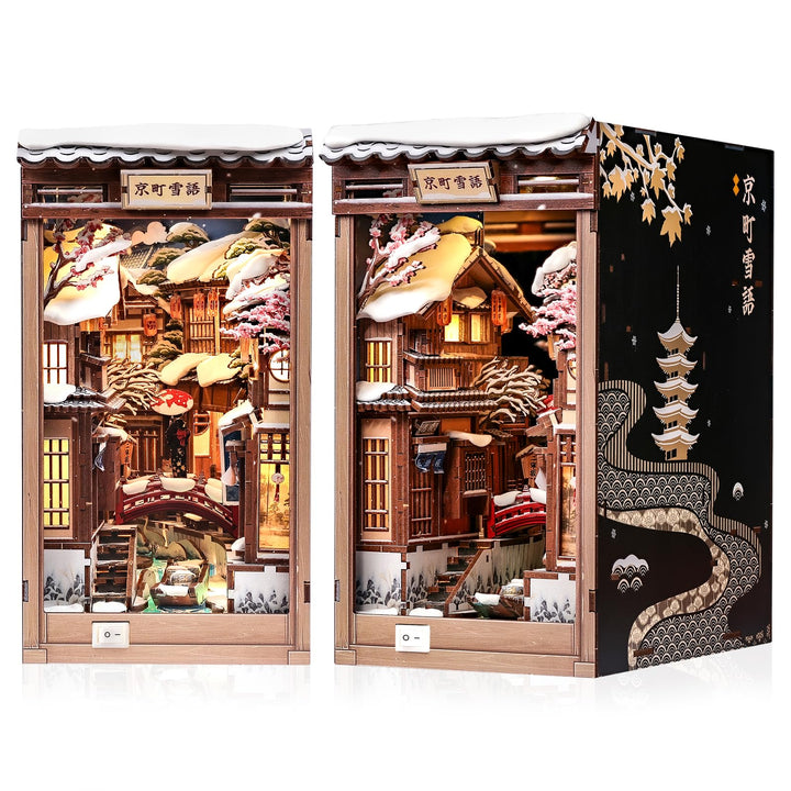 CUTEBEE Book Nook Kit - Japanischer Stil DIY Miniatur-Winterhaus, LED-beleuchtetes Buchregal-Deko Ga