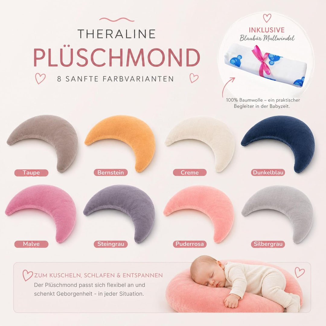 Set Theraline Plüschmond Stillkissen, Bauchstützkissen & Spucktuch Blaubär | Schmusekissen und Lesek