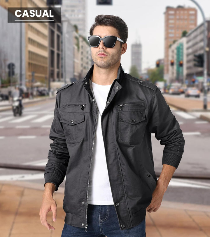 EKLENTSON Herren Übergangsjacke Frühling Cargo Jacke Arbeitsjacke mit Vielen Taschen S Grau #91, S G
