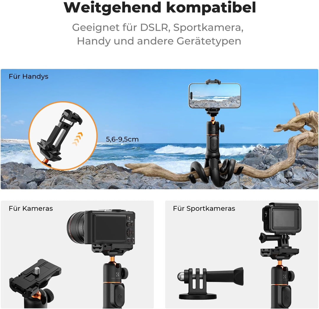 Handy Stativ,K&F Concept Flexibles Stativ für Smartphone & Kamera,MS29 Einziehbarer Selfie Stick,Min