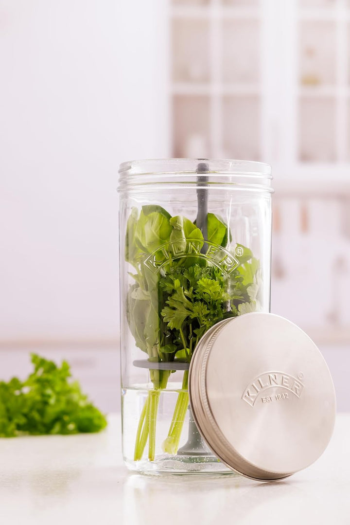 Kilner Kräuterbehälter-Set, hält Kräuter bis zu 3 Wochen frisch, 1 l Weithalsglas mit Edelstahldecke