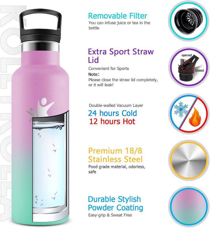 KollyKolla Edelstahl Trinkflasche Kinder 500ml, Vakuum Thermosflasche mit Strohhalm, BPA-Frei Thermo