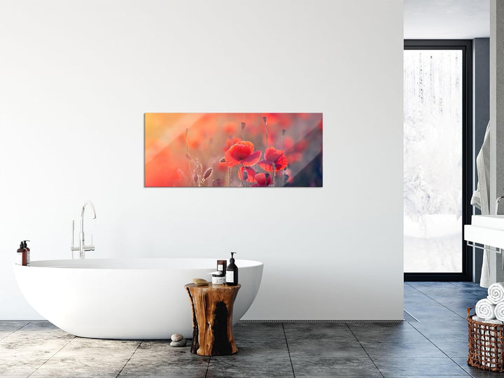 Pixxprint Glasbild Panorama, Wandbild aus Echtglas, Mohnblumenfeld, 100x40 cm, inkl. Aufhängung und