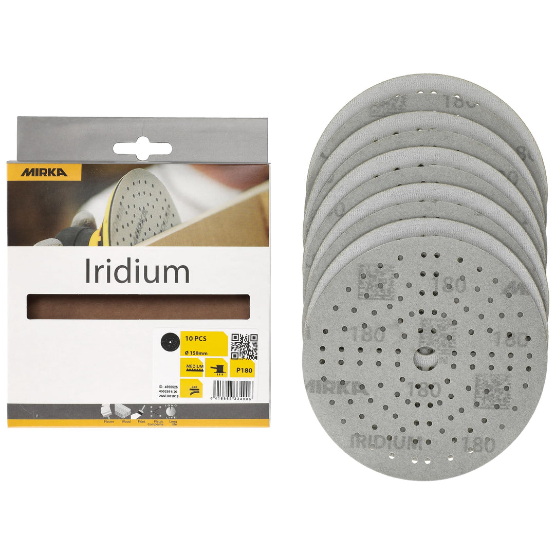 Mirka Iridium Premium-Schleifpapier Ø 150mm Klett 121-Loch, Korn 180, 10 Stk/Zum Schleifen von Lack,