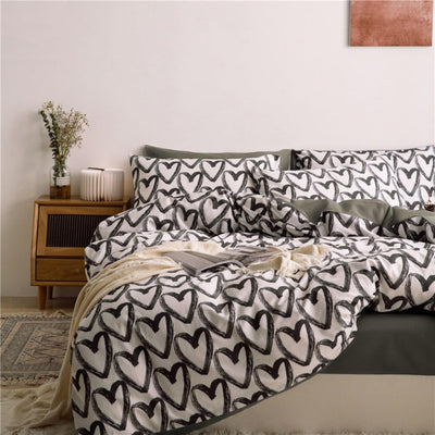 Freyamy Bettwäsche 135x200cm 2teilig Schwarz Weiss Herz Bettwaren-Sets Gebürstet Microfaser Weiche W
