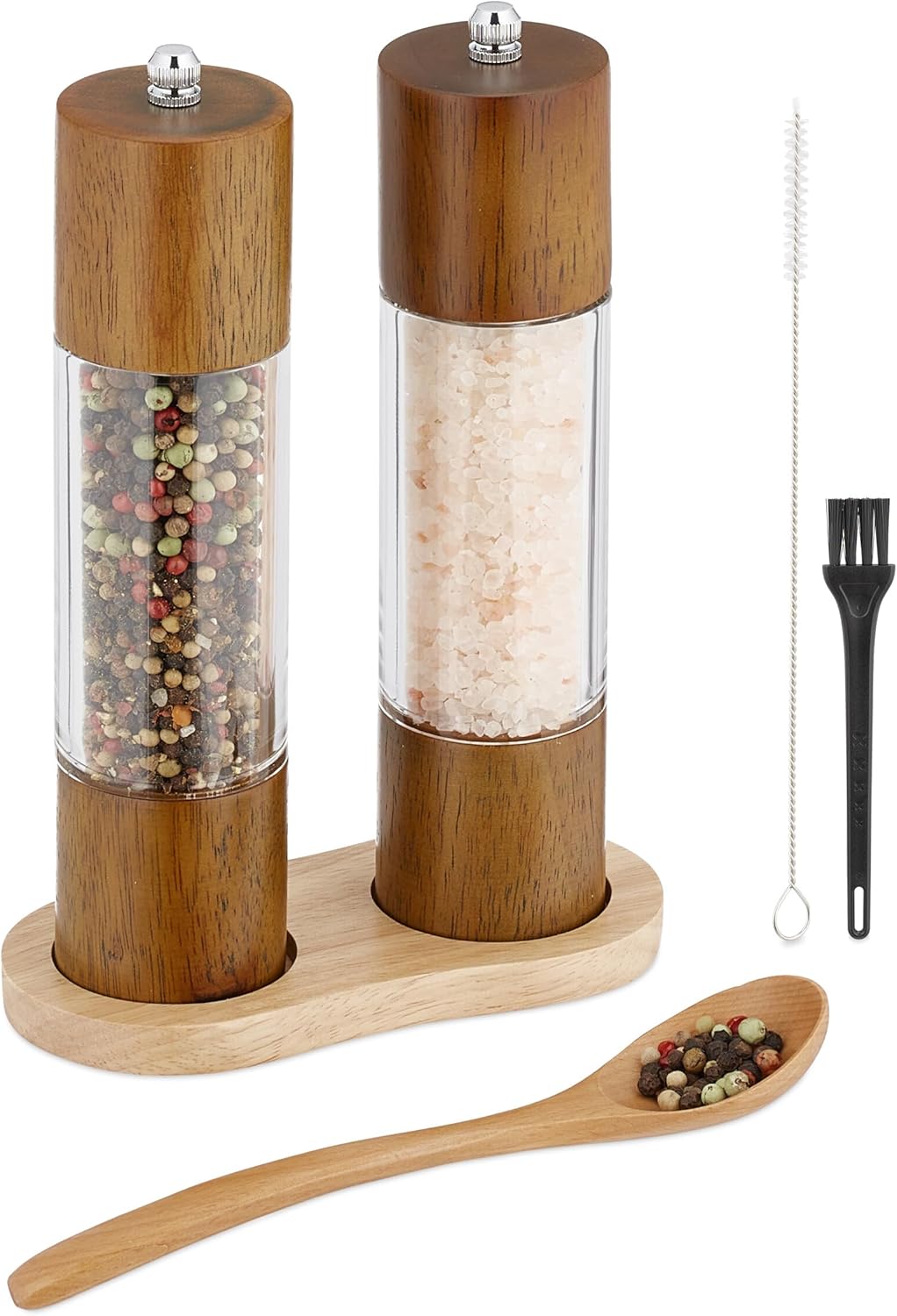 Relaxdays Salz-und Pfeffermühle 2er Set, Untersetzer, Keramikmahlwerk, Holz & Acryl, manuelle Mühlen