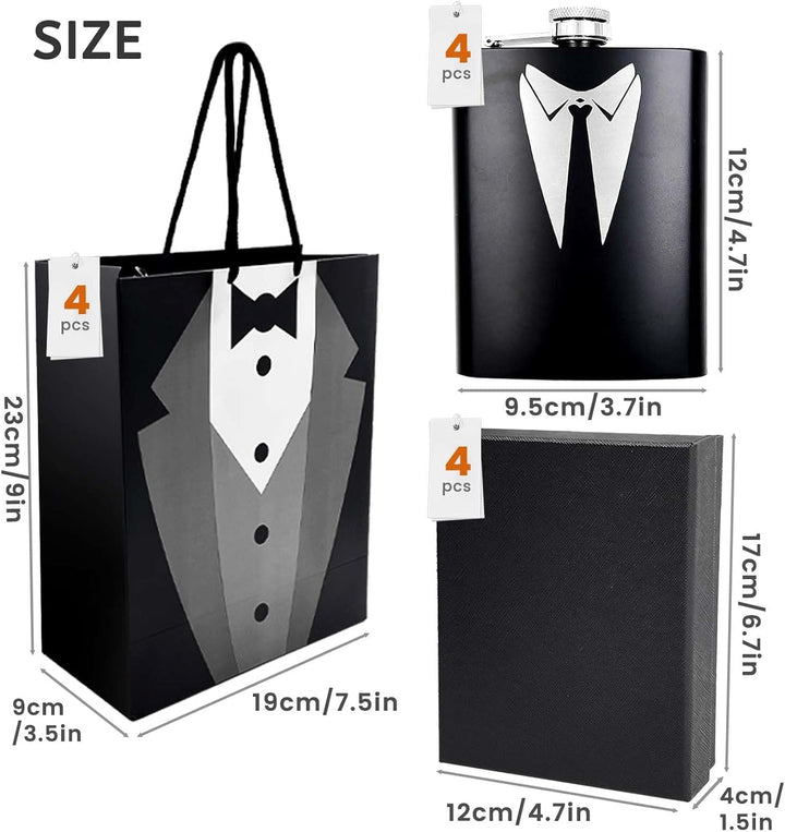 Daily Treasures 4er-Set Whiskyflaschen mit Anzuggravur | 236ml Edelstahl-Geschenkboxen | Auslaufsich