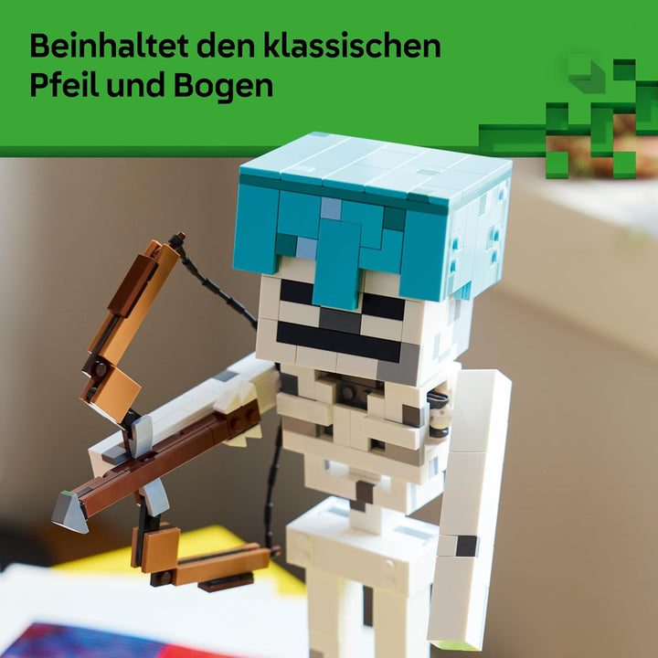 LEGO Minecraft Das Skelett - Mob Figur mit Diamanthelm, Bogen und Pfeil sowie Grasbasis als Zimmerde