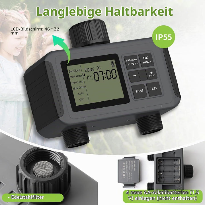 Bewässerungscomputer 2 Ausgänge, Smarte Bewässerungsautomat 3/4 Zoll Anschluss, Bis zu 6 Bewässerung