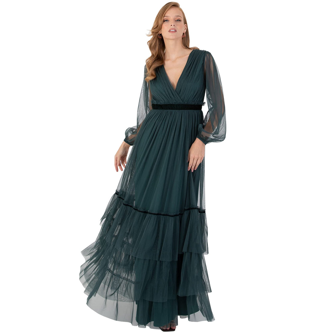 Anaya with Love Damen Damen Langes Kleid für Silvester, V-Ausschnitt, Kunst-Wickeln, Lange Ärmel, Ho