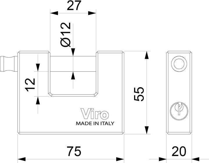 Codiven 11430032 – Vorhängeschloss, Viro eckig 75 mm Bogen 27 mm
