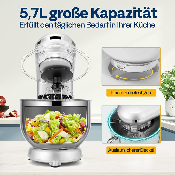 VIVOHOME Standmixer Küchenmaschine 5,7L Knetmaschine 1500W Küchenmaschinen mit 10 Geschwindigkeiten
