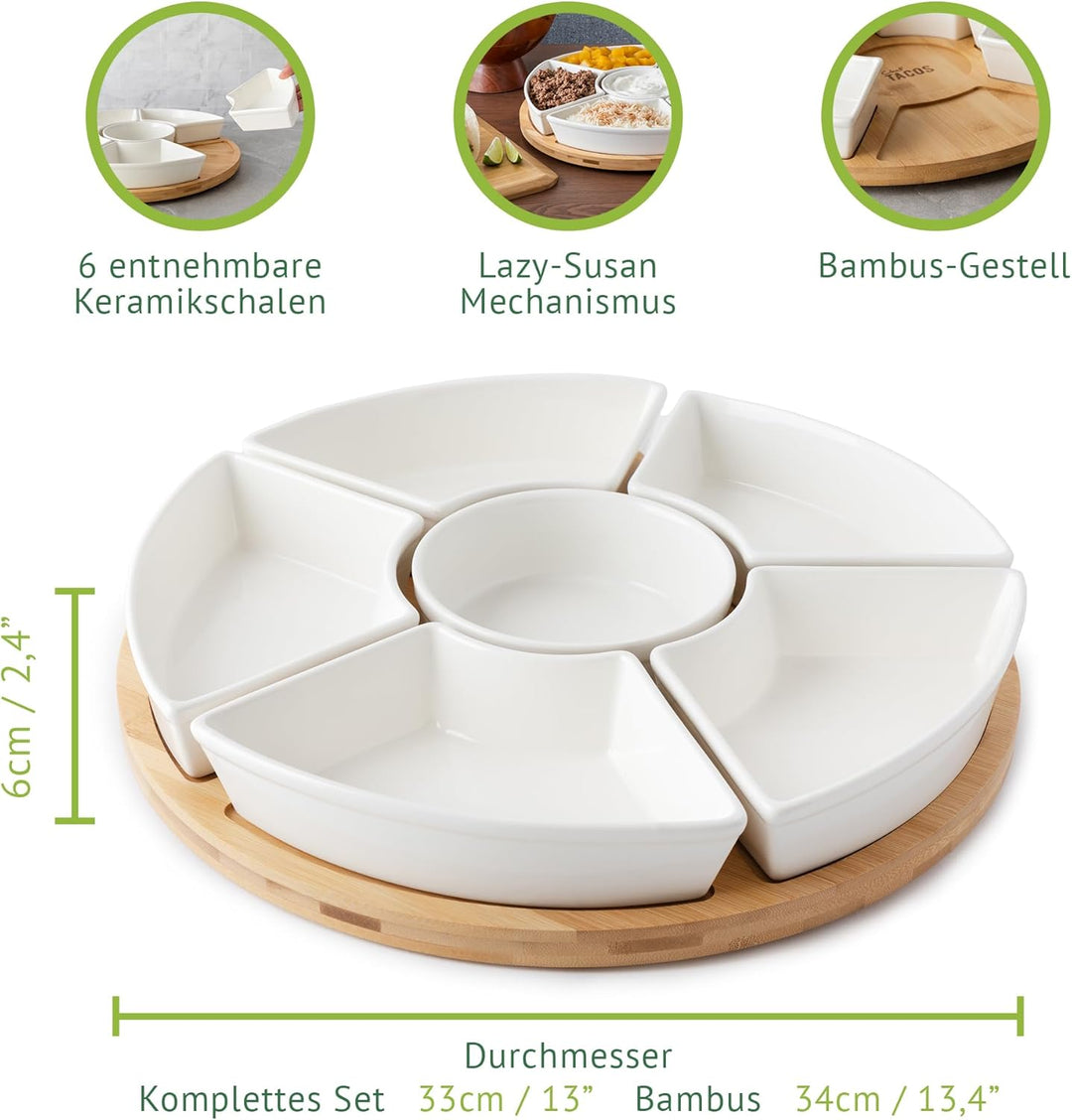 Chef Tacos Ceramic Taco Serving Platter - Divided Serving Tray for Taco Tuesday Lazy Susan Taco Bar