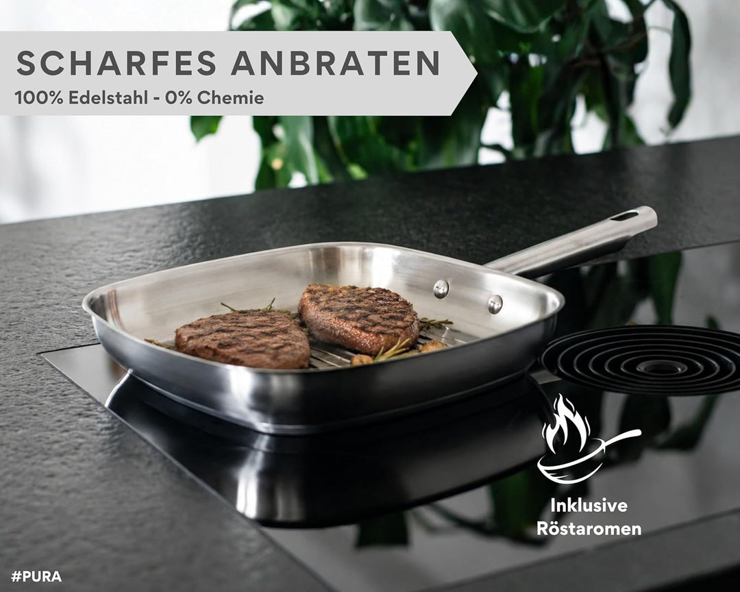 DIVORY Grillpfanne gerillt 28 x 28cm, unbeschichtete Steakpfanne aus Edelstahl - Induktion, backofen