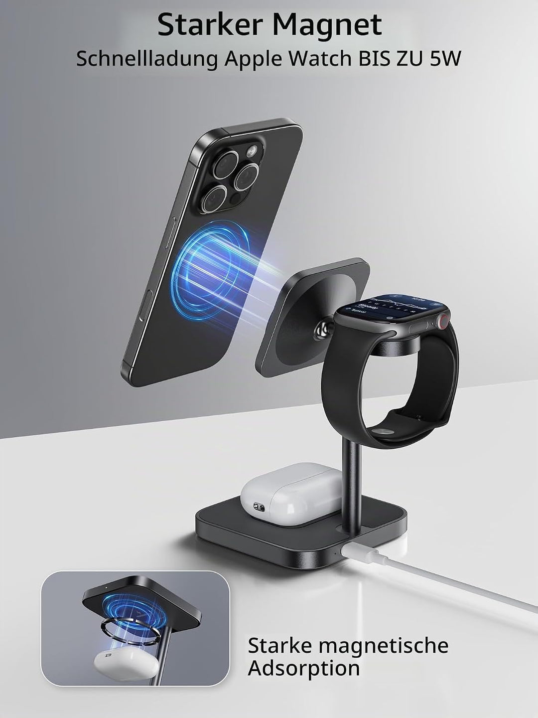 LULULOOK Qi2 Magsafe Ladestation 3 in 1, Aluminium Apple Watch und iPhone Magsafe Ladegerät mit 15W