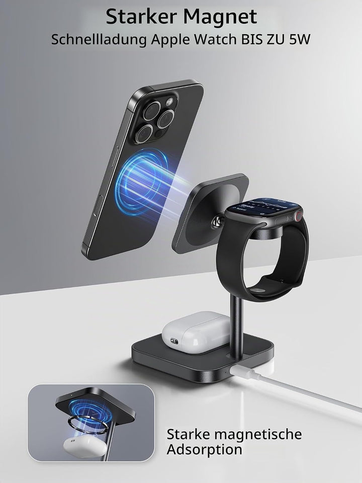 LULULOOK Qi2 Magsafe Ladestation 3 in 1, Aluminium Apple Watch und iPhone Magsafe Ladegerät mit 15W