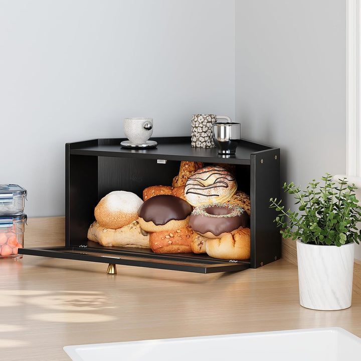 VEDECASA Eck-Brotkasten aus Bambus für die Küche Grosser Brotkasten mit Acryl-Tür Platzsparende Brot