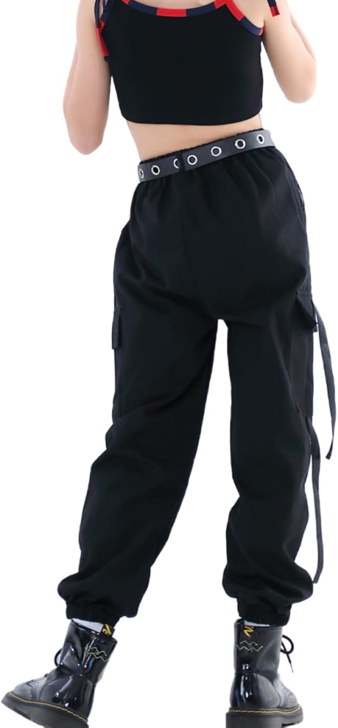 Kinder Cargo Hose Elastische Taille Jogger Hose für Jungen Mädchen Street Hip Hop… Schwarz 134-140,