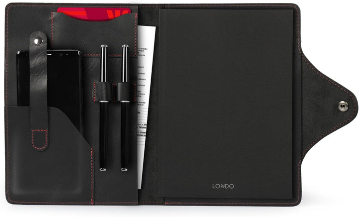 Londo Echtleder Schreibmappe Konferenzmappe mit Notizblock Notizblock und Schloss Schwarz L, Schwarz