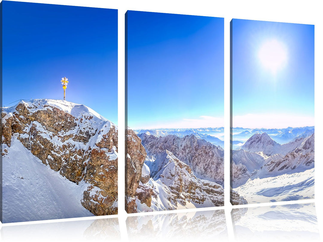 Pixxprint Zugspitze im Sonnenlicht als Leinwandbild | Grösse: 3 Teilig (120x80) | Wandbild| Kunstdru