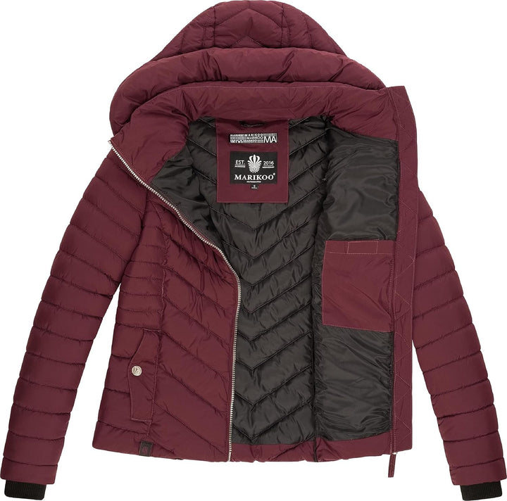 MARIKOO Damen Übergangsjacke leichte Steppjacke kurz mit Abnehmbarer Kapuze Kagomee XS-XXL S Wine, S