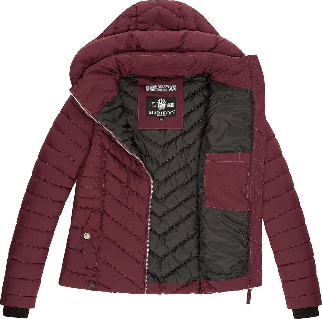MARIKOO Damen Übergangsjacke leichte Steppjacke kurz mit Abnehmbarer Kapuze Kagomee XS-XXL S Wine, S