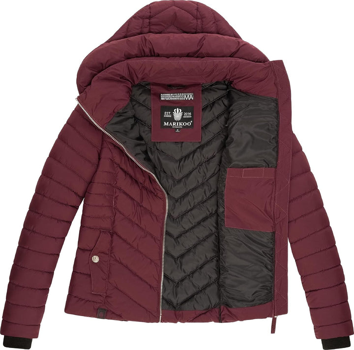 MARIKOO Damen Übergangsjacke leichte Steppjacke kurz mit Abnehmbarer Kapuze Kagomee XS-XXL S Wine, S