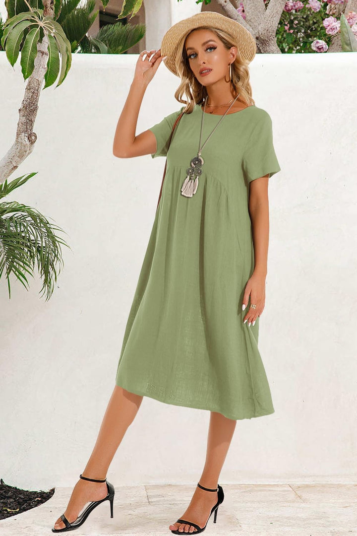 Sommerkleid Damen Leinen Kleider Casual V-Ausschnitt Midikleid Kurzarm A-Linie Kleid Strandkleid Ohn