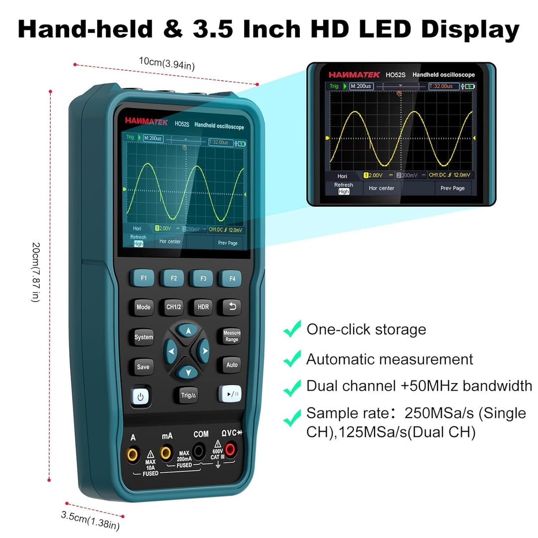 HANMATEK 3 in 1 Handheld Oszilloskop mit 2 Kanälen HO52S 3.5" TFT Oszilloskop,50Mhz Wellenform Gener
