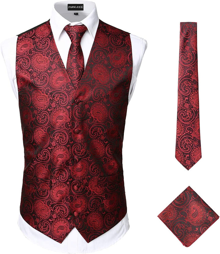 PARKLEES Klassische Herren-Weste, Paisleymuster, Krawatte, Einstecktuch, Set, Hochzeit, Abschlussbal
