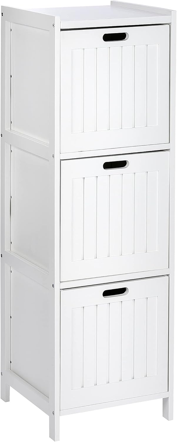 WENKO Regal Oslo 3 Schubladen, Echtholz - Badregal im Landhausstil, Holz, 36 x 112 x 36 cm, Weiss, 1