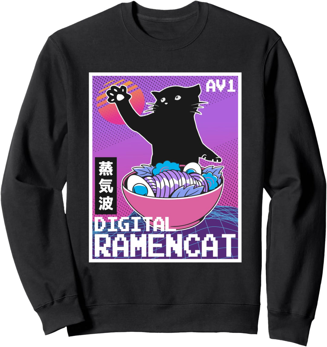 Digital Ramencat 90s Synthwave Vaporwave Ästhetische Katze Ramen Sweatshirt