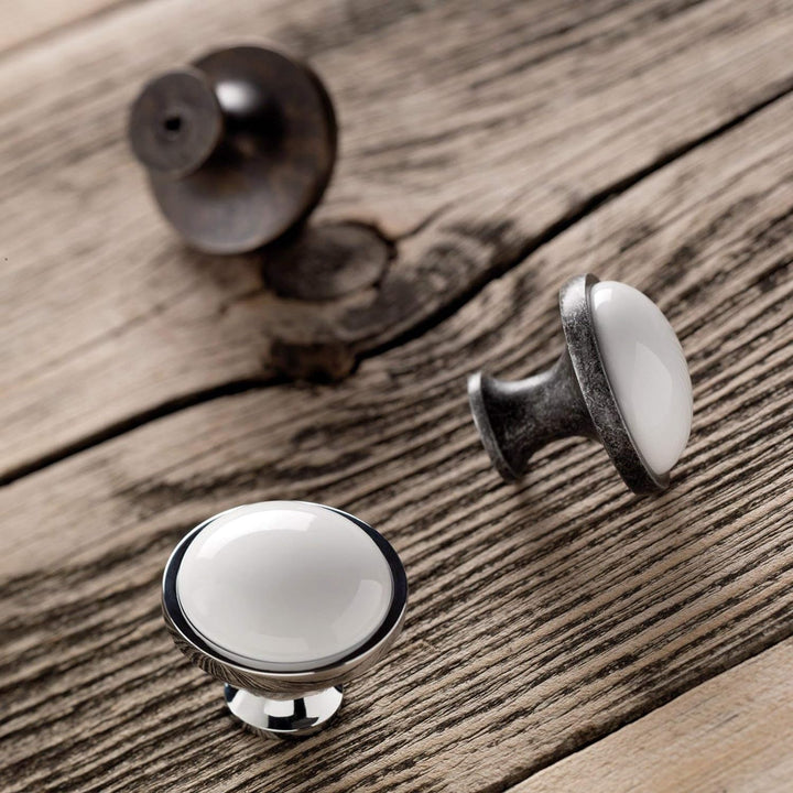 SO-TECH® 10er SET Schubladenknopf Knopf Griffe ANSGAR Ø: 34 mm weiss mit Metallfuss in Silberoptik A